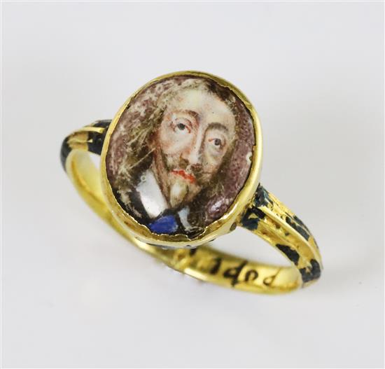 A rare mid 17th century enamelled gold oval memorial ring for Charles I (1600-1649), finger size K.